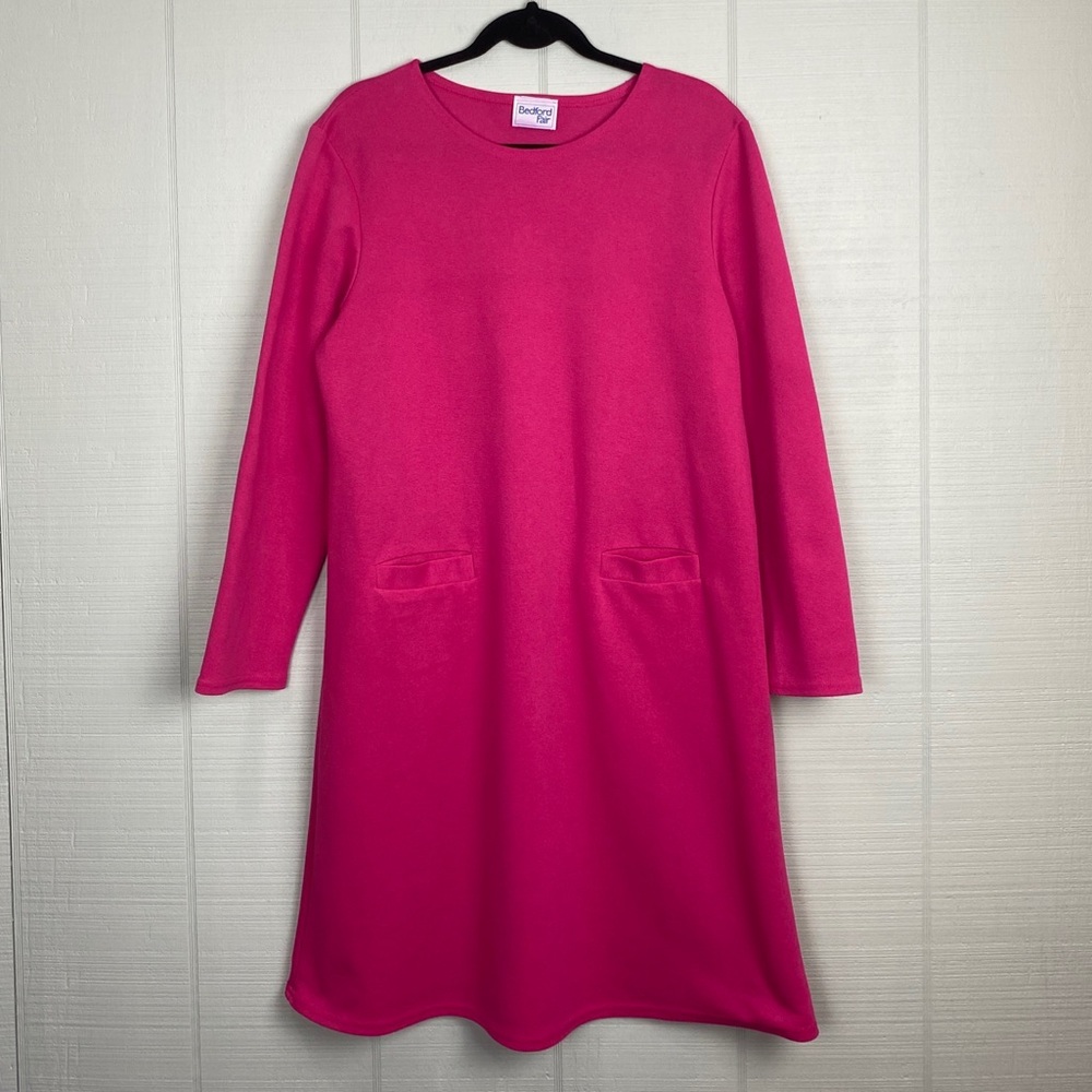 Vintage Bedford Fair Pink Long Sleeve Knit Sweater Dress Front Pockets